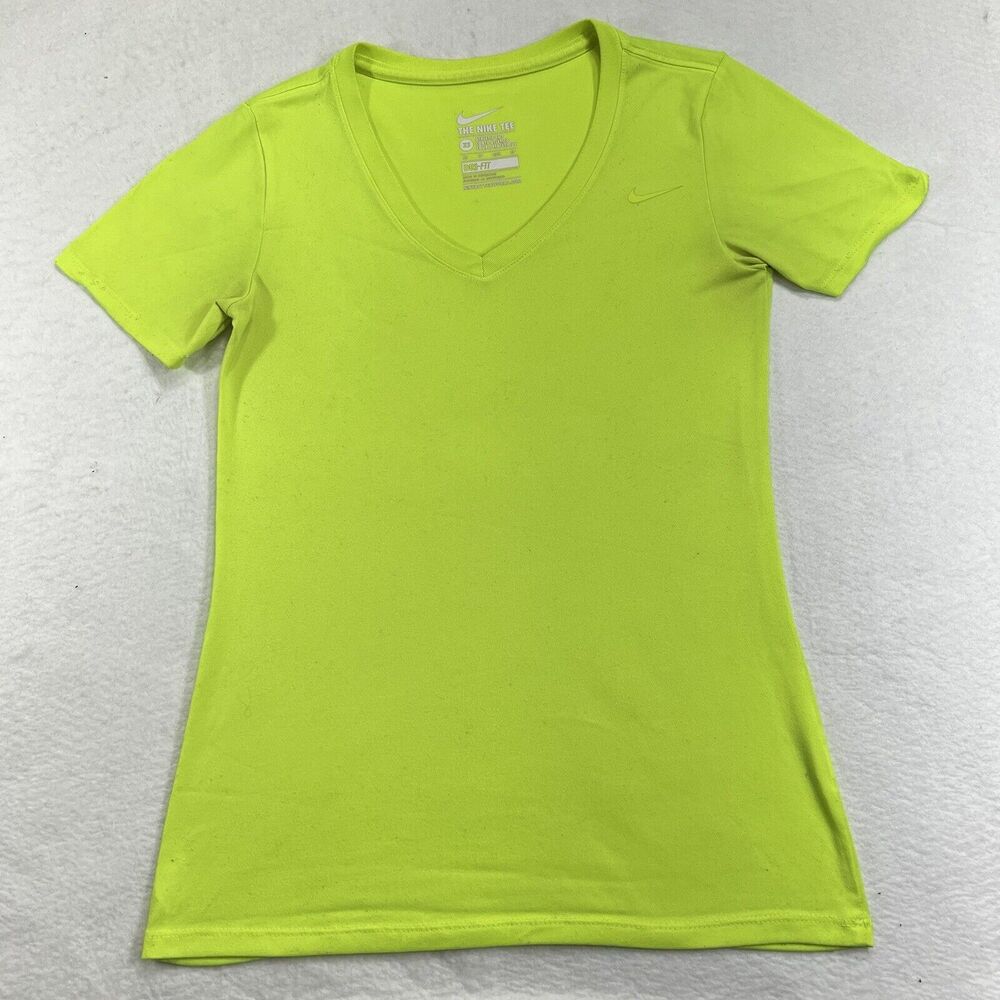 Nike Dri Fit Women's XS Athletic Cut Neon Yellow V Neck Short Sleeve T Shirt